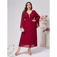 thumbnail image 4 of AURA Plus Size Chiffon Pleated V Neck Long Sleeve Dress 1XL 2XL Elegant A Line Midi Dress, 4 of 8