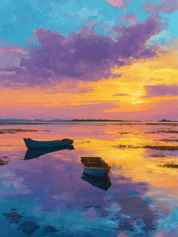 Sunset Boats Reflection Canvas Wall Art 15.75x11.81 Inches