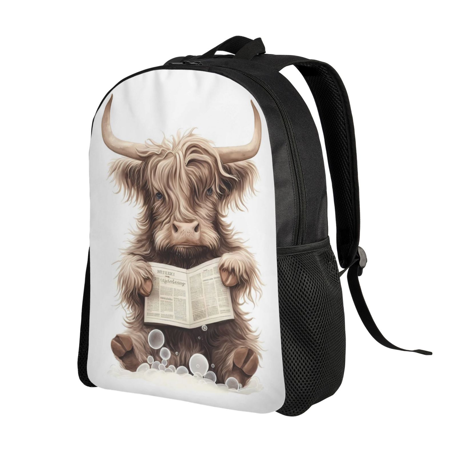 Horeoi Relaxed Cute Cow Reading Print Waterproof 600D Oxford Laptop Backpack for School Travel Work - Lightweight Durable Bag with Adjustable Straps