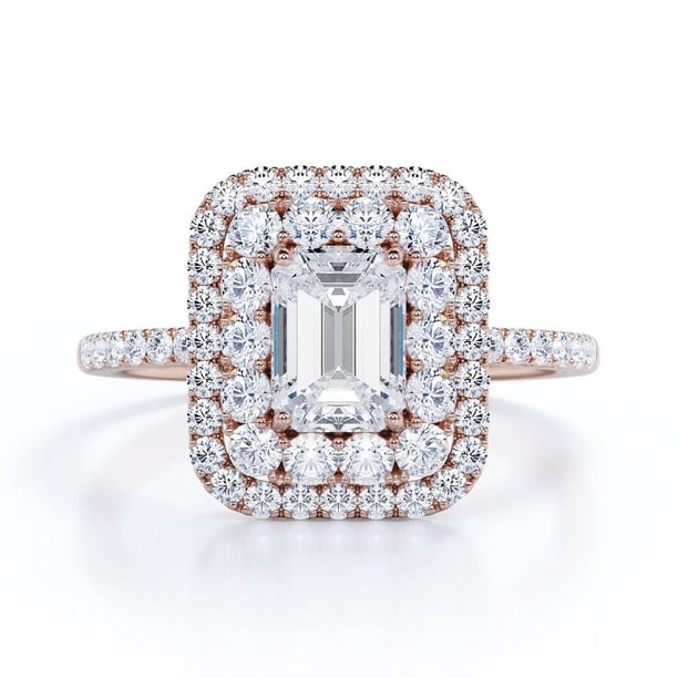 JeenMata Anillo de Compromiso de Moissanita de Corte Esmeralda de 1,5 Quilates - Anillo Nupcial - Anillo de Doble Halo - Anillo de Racimo - Oro Rosa de 18 K sobre Plata