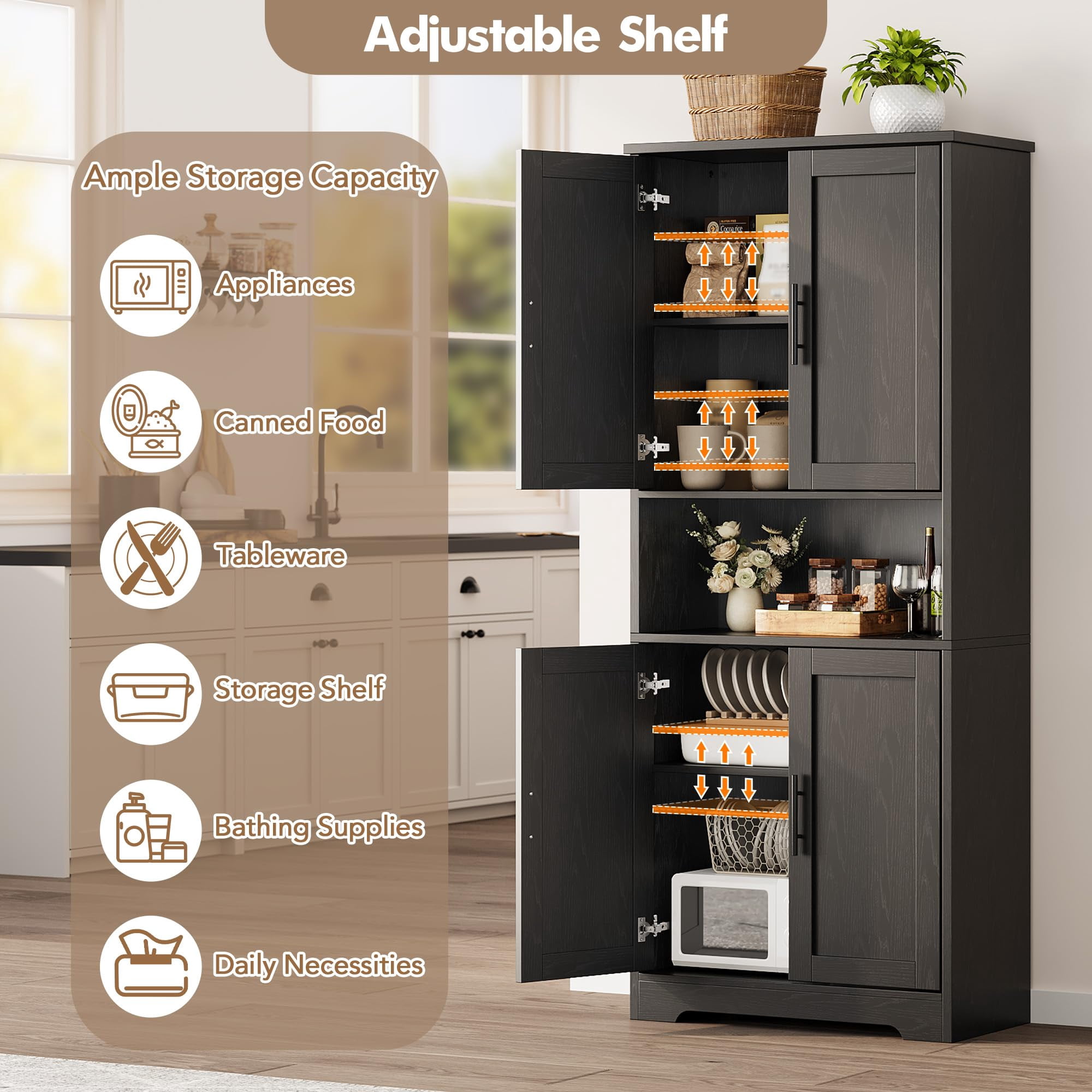 BouPower Pantry Cabinet,70" Tall Kitchen Pantry Cabinet with 2 Doors and 3 Adjustable Shelves, Freestanding Cupboard, Modern Tall Storage Cabinet for Bathroom, Dining Room, Living Room
