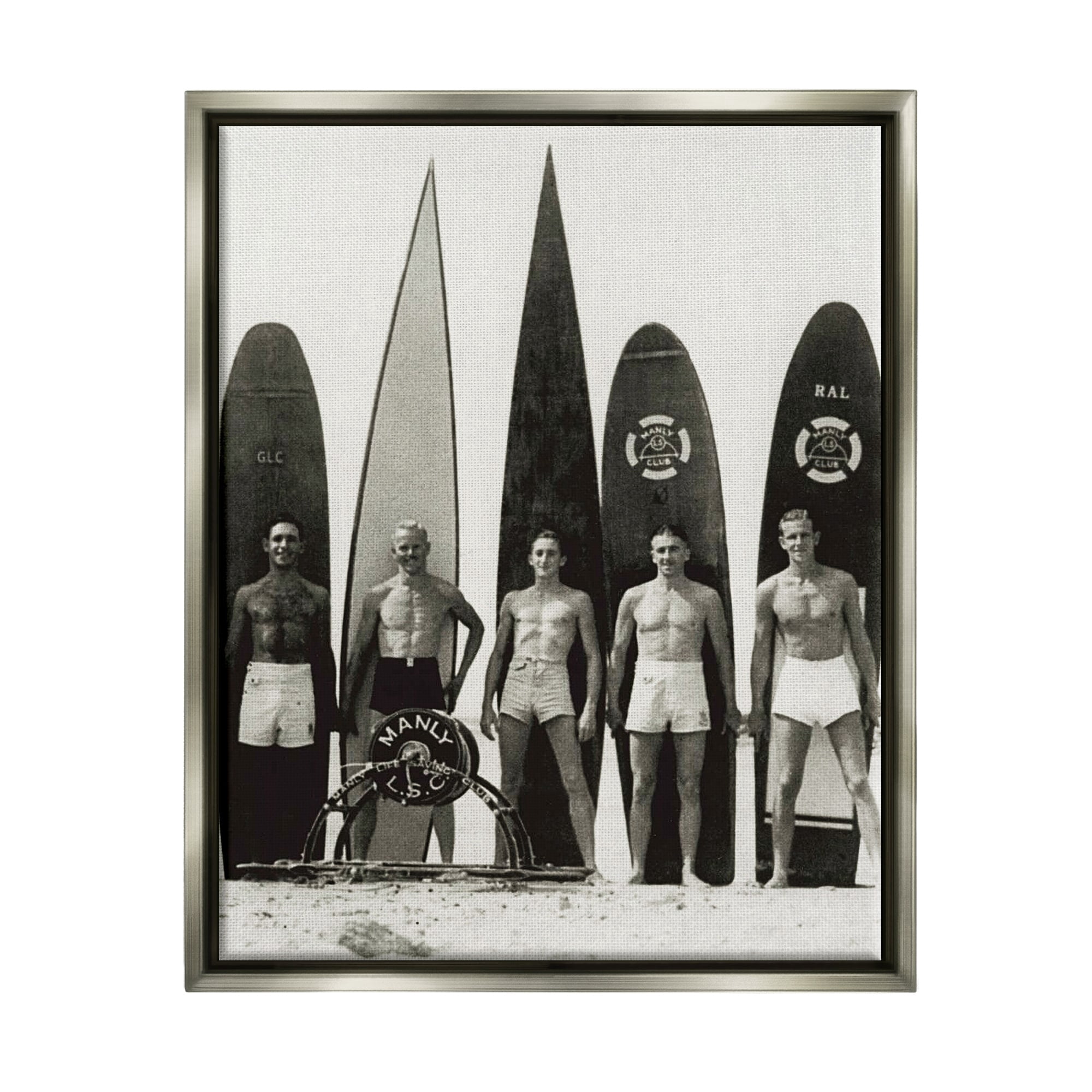 Stupell Industries Vintage Photography Men Surfer Surfboards Beach Sport Photograph Luster Gray Floating Framed Canvas Print Wall Art, Design by Graffitee Studios