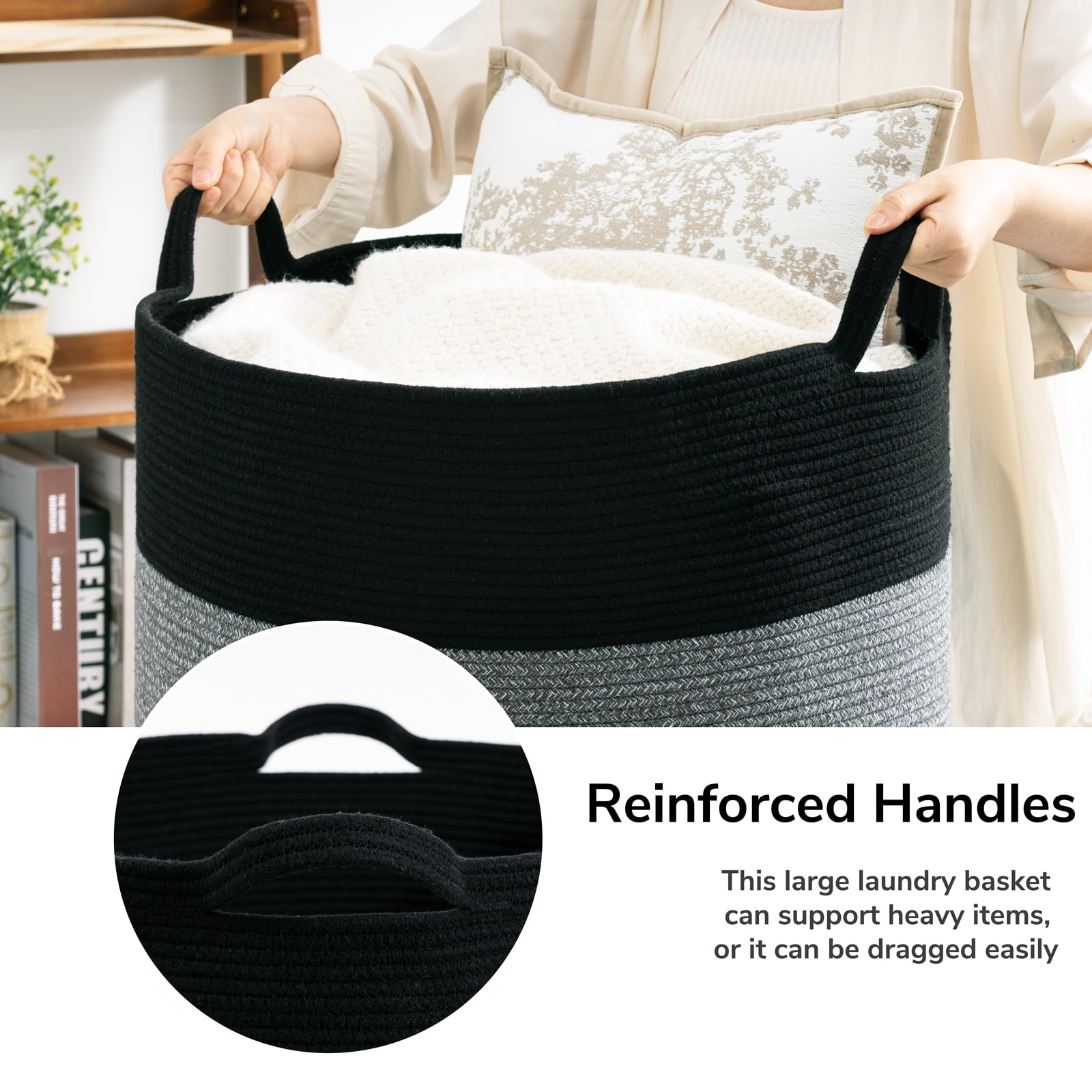 Timeyard Large Woven Laundry Hamper Basket - Decorative Storage Organizer for Living Room, Holds Toys Pillows Blankets Clothes - 21.7" x 21.7" x 13.8"-Black & Grey