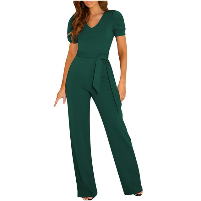 aidice One-Piece Jumpsuits for Women Office V Neck Short Sleeve Belt Ruched Straight Leg Pants Rompers