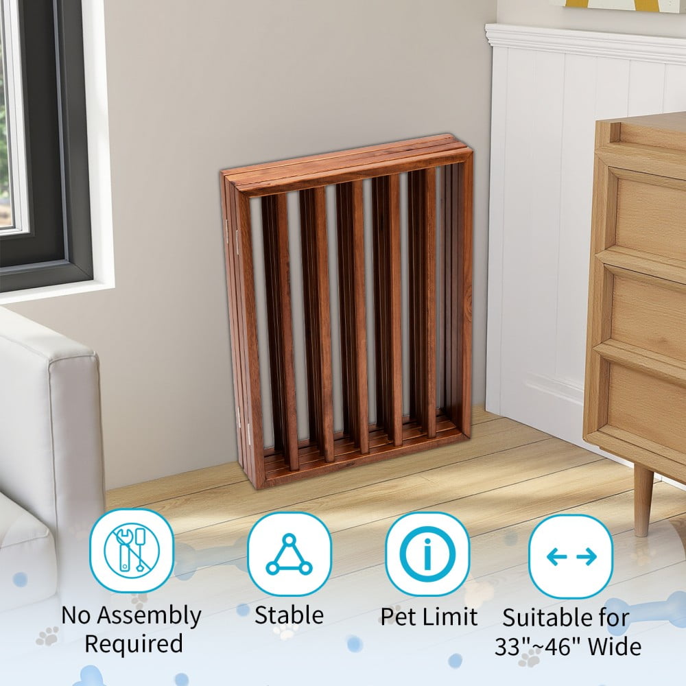 IVV 24" H Freestanding Pet Gate, 4-Panel Wooden Dog Fence with 2 Support Feet, Folding Dog Gate for Indoor, Stairs, Doorway, Halls, Kitchen Pet Barrier, Brown