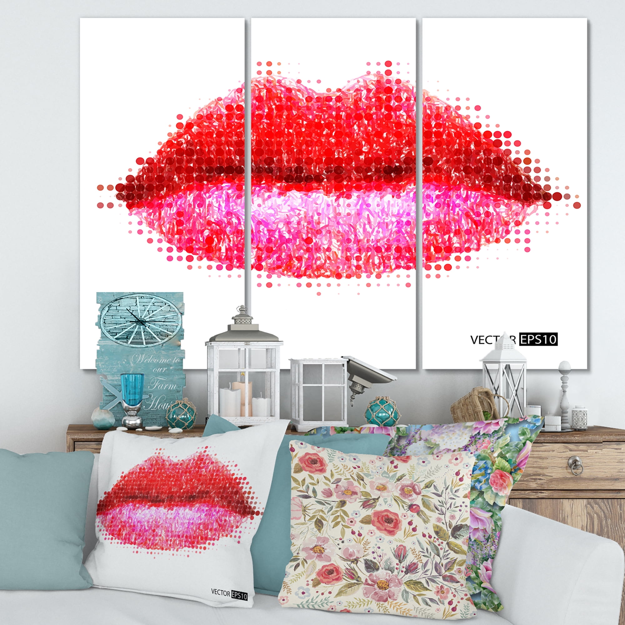 Designart ' Abstract Red Woman Lips in Pixels ' Modern Canvas Wall Art Print
