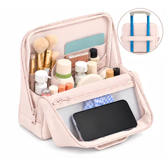X-Large Travel Makeup Bag with Magnetic Fold-Down Flap, Soft PU Leather Cosmetic Organizer for Women, Rose Pink