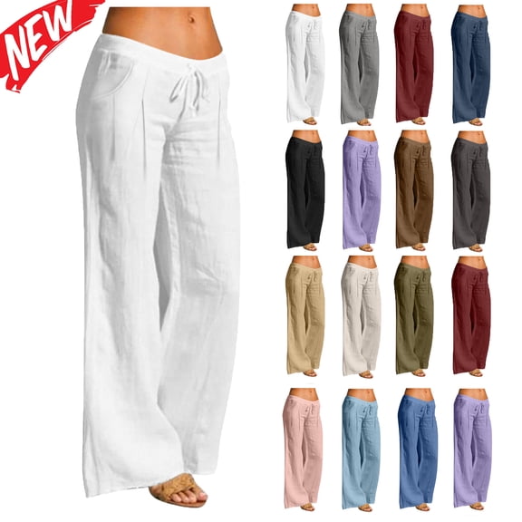 Tqyyweavej Linen Pants Women Drawstring Solid Color Low Rise Pants Pleated Wide Leg Casual Palazzo Pants for Women with Pockets