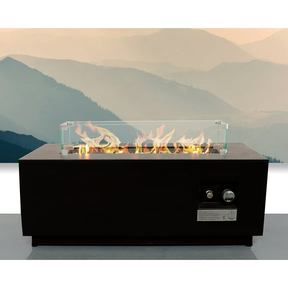 42 Inch Outdoor Propane Gas Fire Pit Table, 50,000 BTU Auto-Ignition Gas Firepit with Glass Wind Guard, Alloy Wood Grain Tabletop -Black