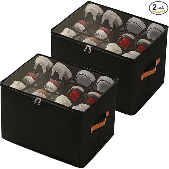 2 Pack Shoe Organizer with Transparent Cover and Sturdy Handles