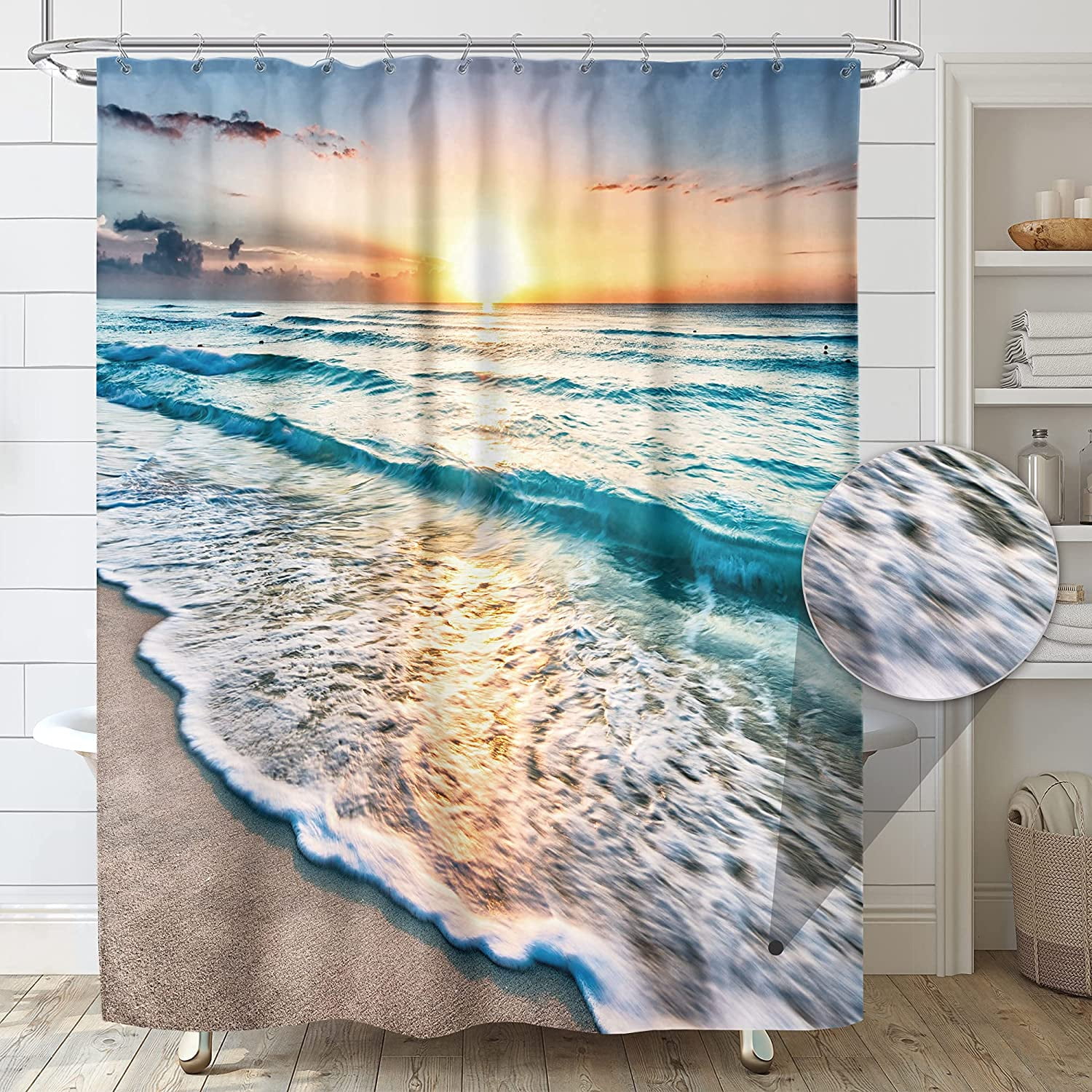 SPXUBZ Ocean Beach Shower Curtain Polyester Sunrise Sunset View 72x72 inch with12 Hooks Waterproof
