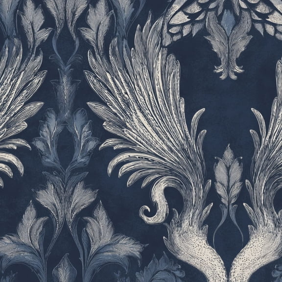 Peel and Stick Wallpaper Elegant Baroque Floral Damask Navy Blue Silver Wall Mural 23.6in x 9.8ft Self Adhesive Removable Wall Paper Renter Friendly Wallpaper for Bedroom Nursery Living Room