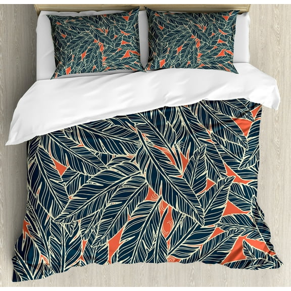 Feather Duvet Cover Set, Modern Display Flying Quills Birds Animals Wildlife Jungle Print, Decorative 3 Piece Bedding Set with 2 Pillow Shams, Queen Size, Black Scarlet Cream, by Ambesonne