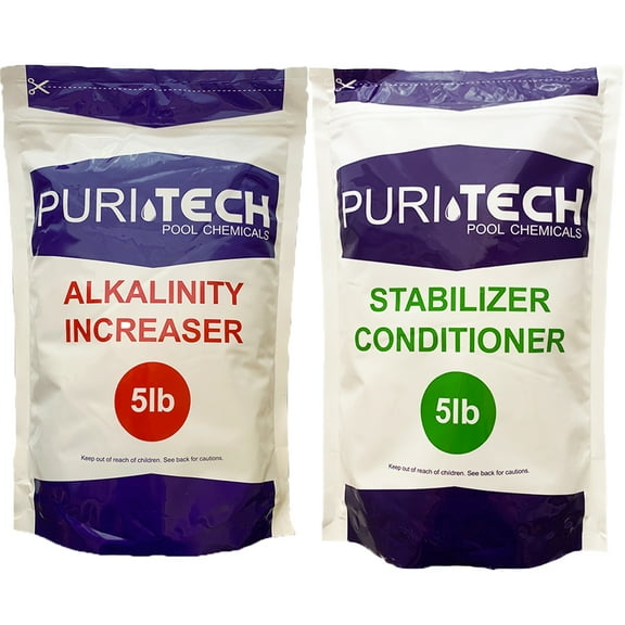 Puri Tech Powder Chemicals 5 lb Alkalinity Increaser & 5 lb Stabilizer Conditioner Kit for Swimming Pools & Spas