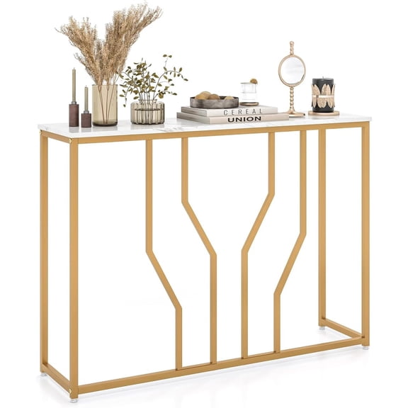 DYJP 44" Entryway Console Table - Geometric Faux Marble Entrance Table, Long Sofa Side Table w/Heavy-Duty & Gold Finished Metal Frame, Narrow Entry Table for Living Room, Hallway, Foyer (Classic)