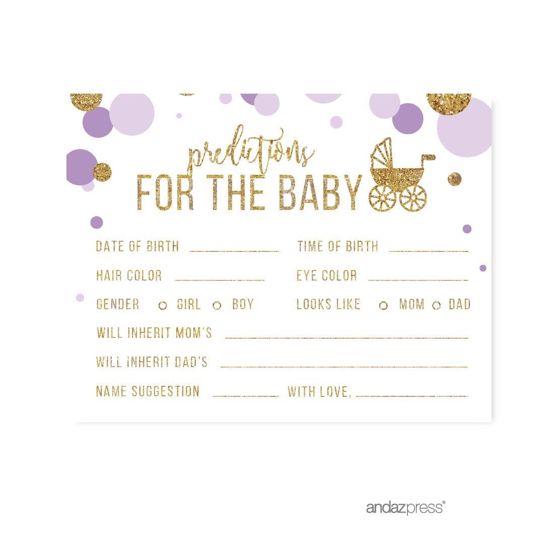 Predictions for Baby  Lavender Gold Glitter Baby Shower Games, 20-Pack