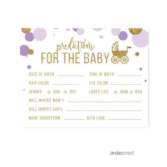 Predictions for Baby Lavender Gold Glitter Baby Shower Games, 20-Pack