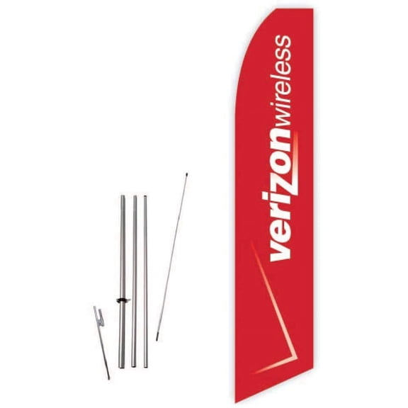 Verizon Wireless Red Super Novo Feather Flag - Complete with 15ft Pole Set and Ground Spike