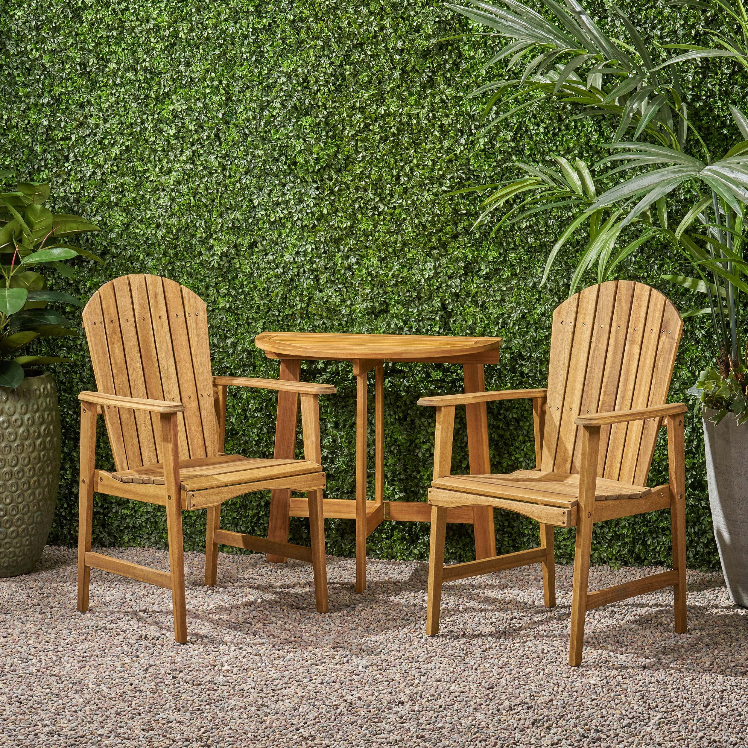 Bridget Outdoor 2 Seater Half-Round Acacia Wood Bistro Table Set with Adirondack Chairs, Natural 