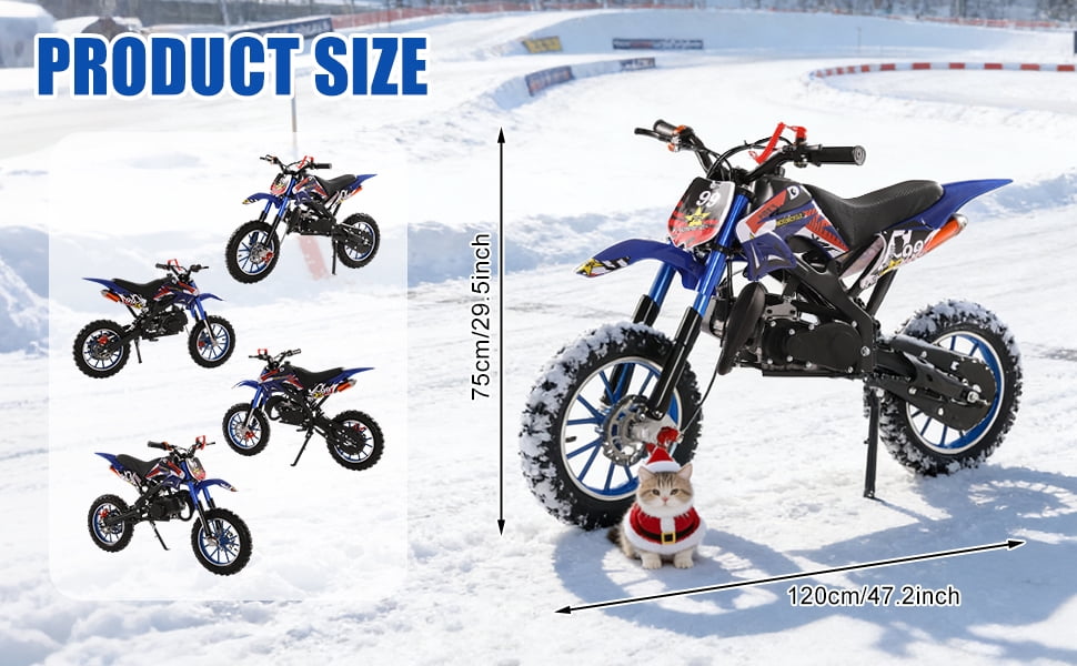 Korogimeeet 49cc 2-Stroke Blue Mini Motocross, Gas Powered Off-Road Bike, Inverted Hydraulic Shock Absorption, 10 Inch Tires, 40KM/H Max Speed, 1.8L Fuel Tank, 150kg Load, 47 x 30 Inch