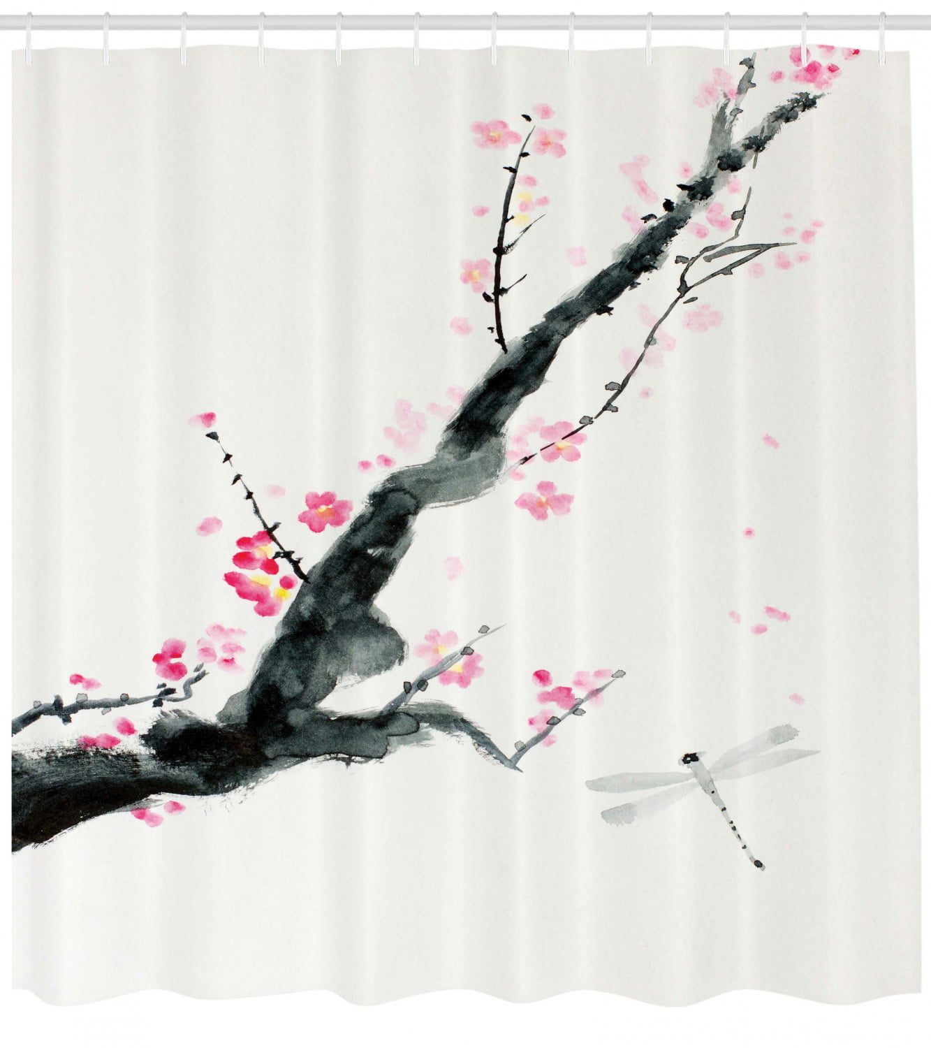 Cherry Sakura Tree Branch in Blossom Dragonflies Shower Curtain Bath Waterproof 