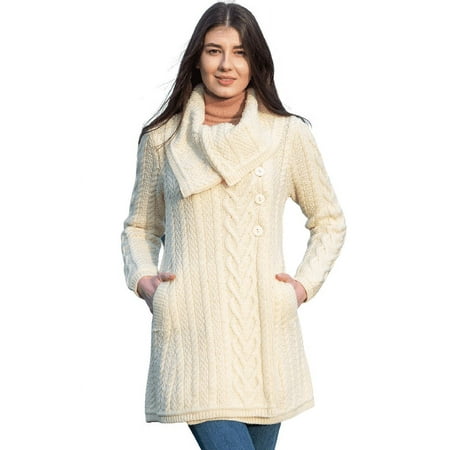 SAOL 100% Merino Wool Women's Aran Cable Knit Cardigan Sweater Irish Oversized Collar Long Outdoor Coat Made in Ireland