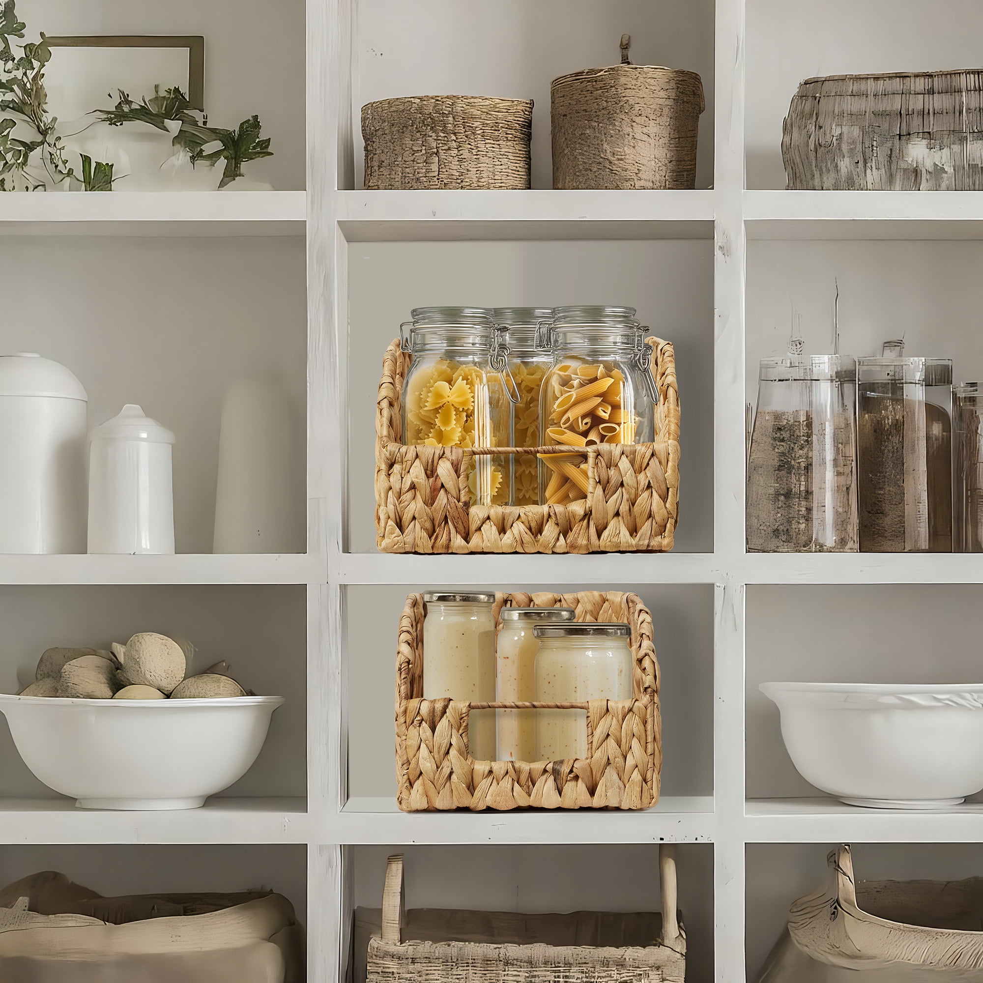 Casafield (Set of 2) Water Hyacinth Pantry Baskets with Handles - Natural, Medium and Large Size Woven Storage Baskets for Kitchen Shelves
