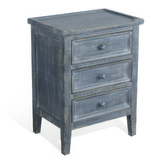 Rena Side End Table with 3 Drawers- 19 Inch Rustic Blue Mahogany Wood