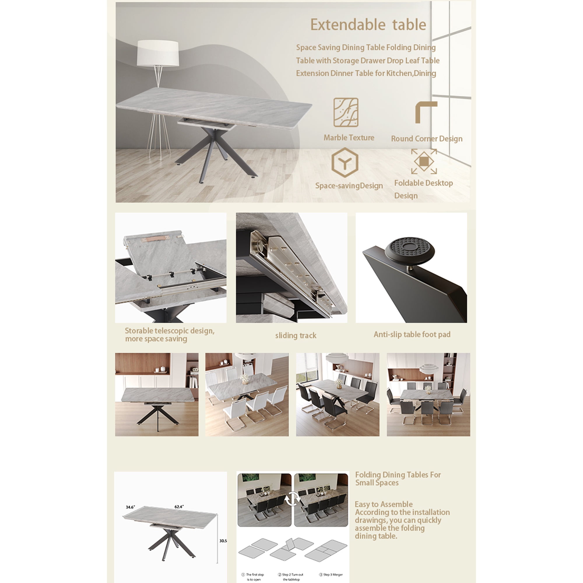 PORKISS Large Mobile Extendable Dining Table for 8-10 People, 78.15" Kitchen Table with Wood Top and Steel Legs, Rectangular Table for Dining Room, Living Room, Party, Conference, Grey+Black