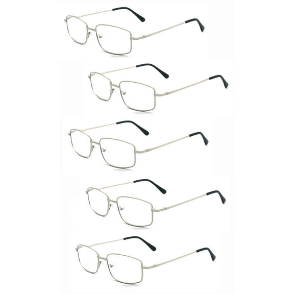 EYE ZOOM 5 Pack Unisex Rectangular Metal Reading Glasses with Spring Hinge, Sliver, +175