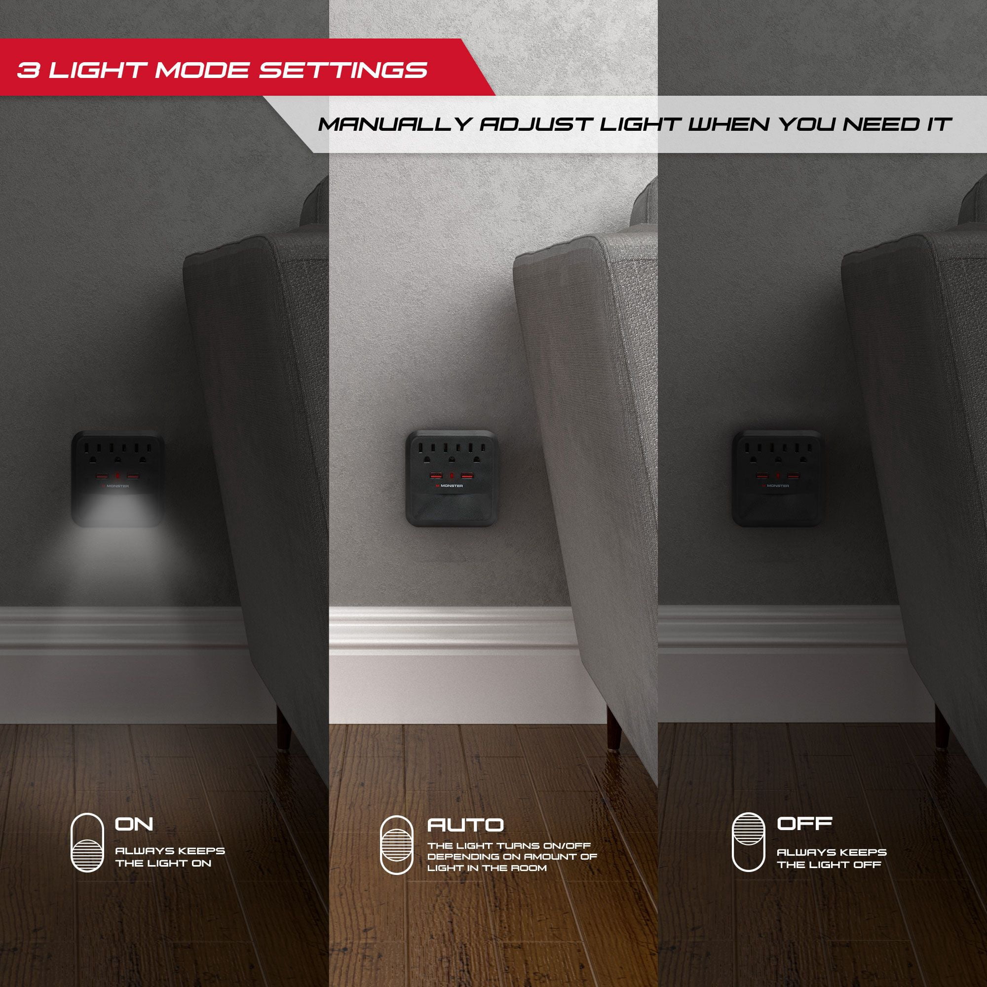 Monster 900J Wall Tap Surge Protector: 3 Grounded Outlets & 2 USB Ports