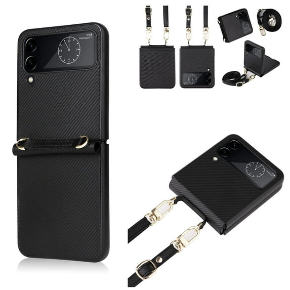 TECH CIRCLE Crossbody Neck Case for Samsung Galaxy Z Flip 3 5G Phone 6.7 inch (2021) with Adjustable Long Shoulder Strap Lanyard PU Leather Shockproof Lightweight Thin Cover for Galaxy Z Flip 3,Black