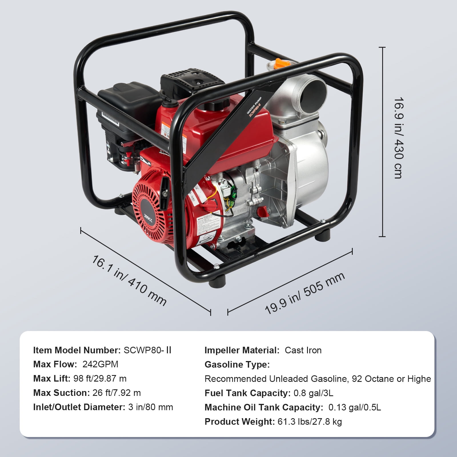 KFFKFF Fuel-Driven Debris Pump, 3 in/80 mm, 7HP 242GPM 4-Stroke Fuel Engine Water Relocation Pump with 25 ft/7.62 m Discharge Hose Max 98 ft Elevation 26ft Intake