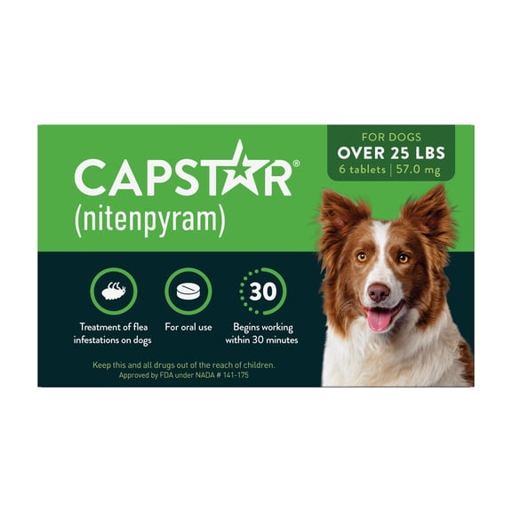 CAPSTAR (Nitenpyram) Fast-Acting Oral Flea Treatment for Large Dogs (over 25 lbs), 6 Tablets, 57 mg