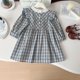 thumbnail image 3 of Vestido coreano para niños de 2 a 7 años, vestido de princesa con cuello de encaje a cuadros para niñas de primavera, ropa bonita con mangas voladoras para chico, 3 of 6