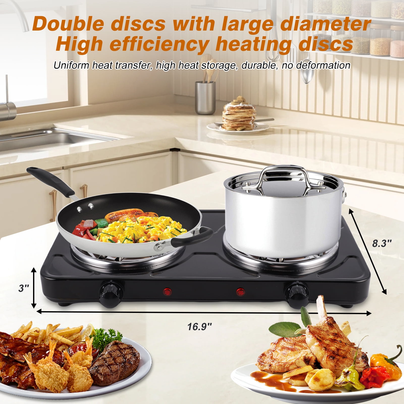 Hot Plate for Cooking, 2000W Electric Stove Burner with 5 Levels Temperature Control, Dual Coil Portable Stove for Home Dorm Office Kitchen Camping, Electric Cooktop Compatible of All Cookware, Black