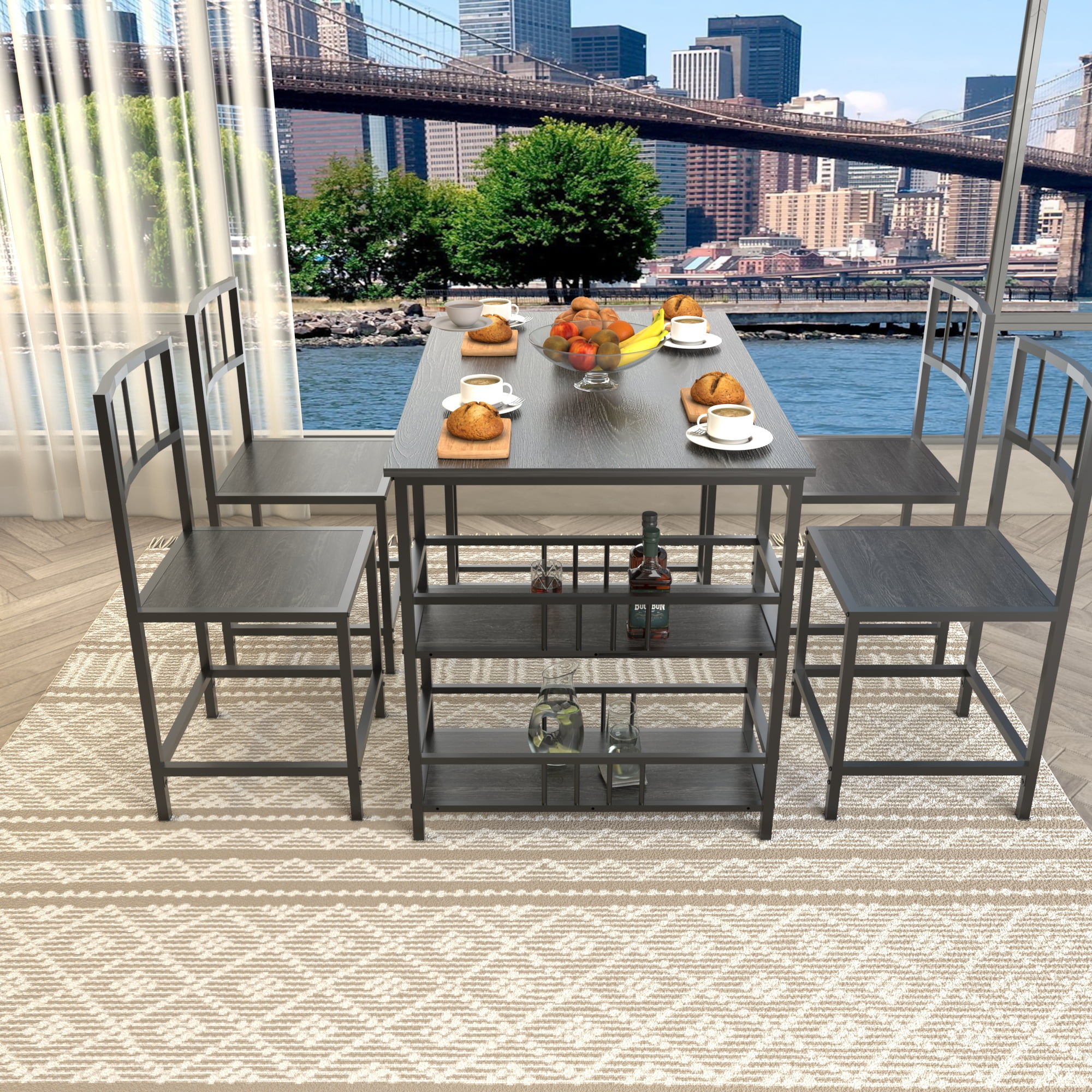 HOQBN 5 Piece Dining Table Set with 4 Chairs and 2-Tier Side Storage Shelves,Industrial Kitchen Table Wood Grain Metal Frame Dinner Furniture for Small Apartment Dining Room,Charcoal grey