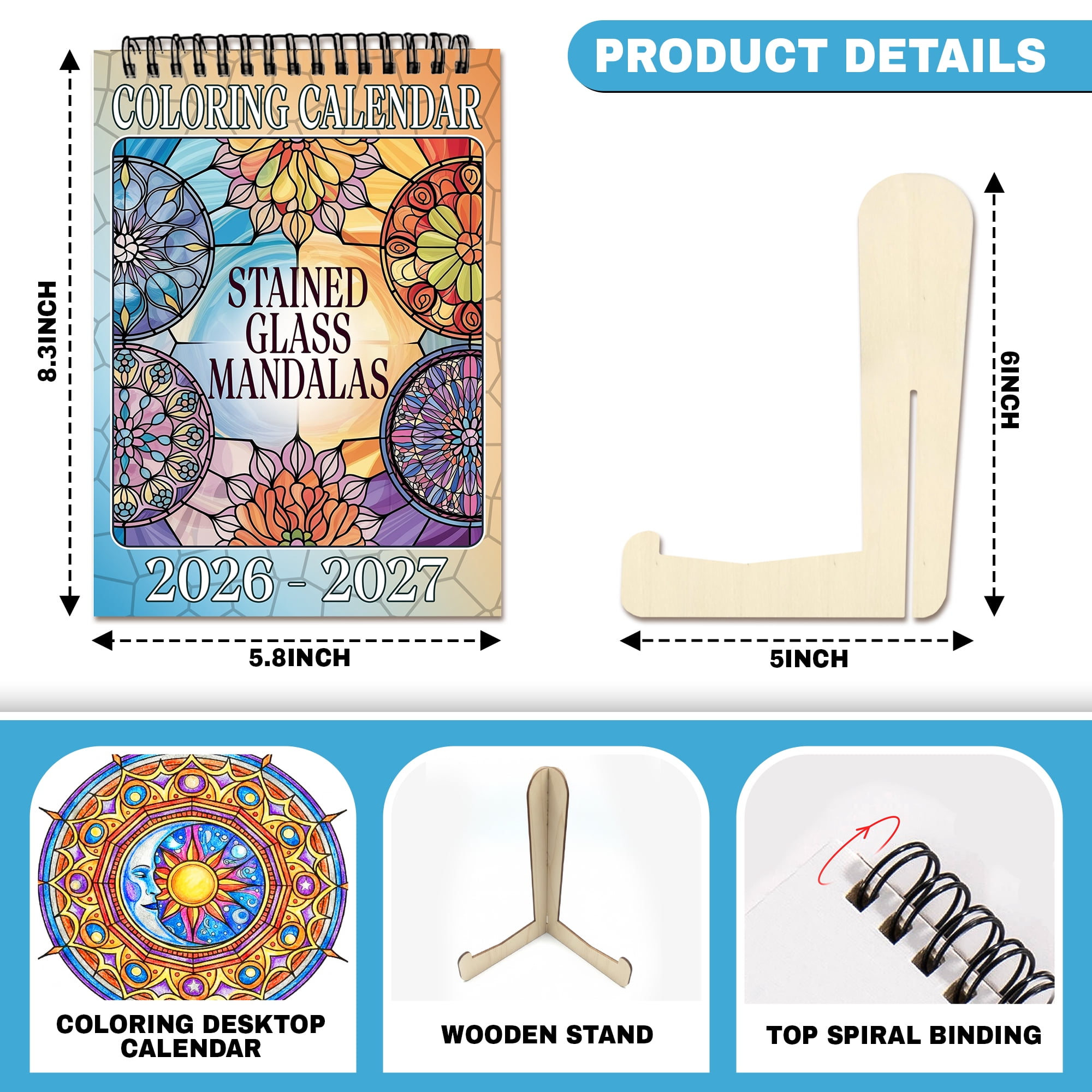 Stained Glass Mandalas Coloring Desk Calendar 2026–2027, A5 Wooden Cover Planner with 26 Easy Coloring Pages for Adult Relaxation, 24 Month Desktop Calendar with Stand, Gift for Family & Friends