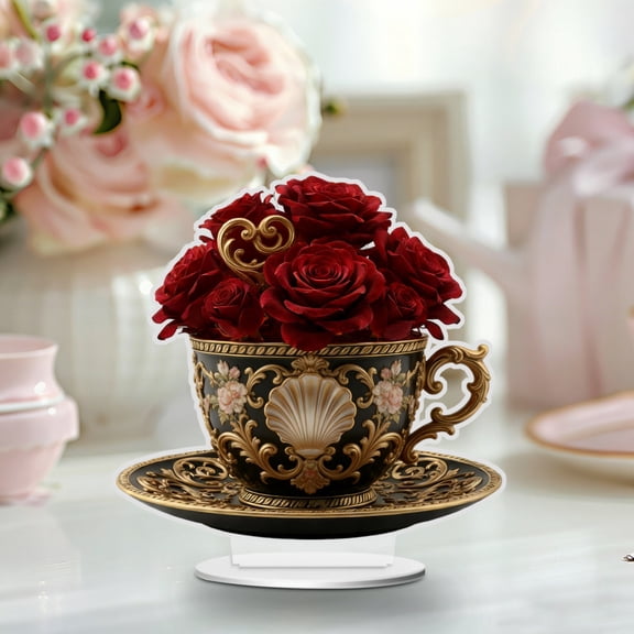 Roses Teacup Acrylic Desktop Decoration,Porcelain Floral Print Saucer and Mug Delicate Holiday Desktop Decoration,Halloween, Christmas, Birthday, Anniversary, Valentine's Day, Celebrations Décor