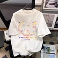 thumbnail image 1 of Camiseta de algodón de manga corta para mujer, cuello redondo, holgada, moderna, blanca, estampada, parte superior e inferior, 1 of 5