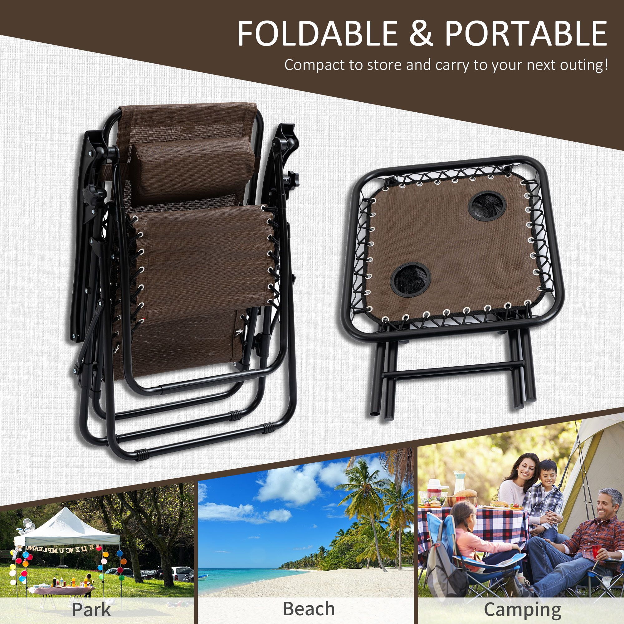 Zero Gravity Chair Set, 3 Piece Recliner with Side Table Cup Holder Headrest Brown Poolside Camping