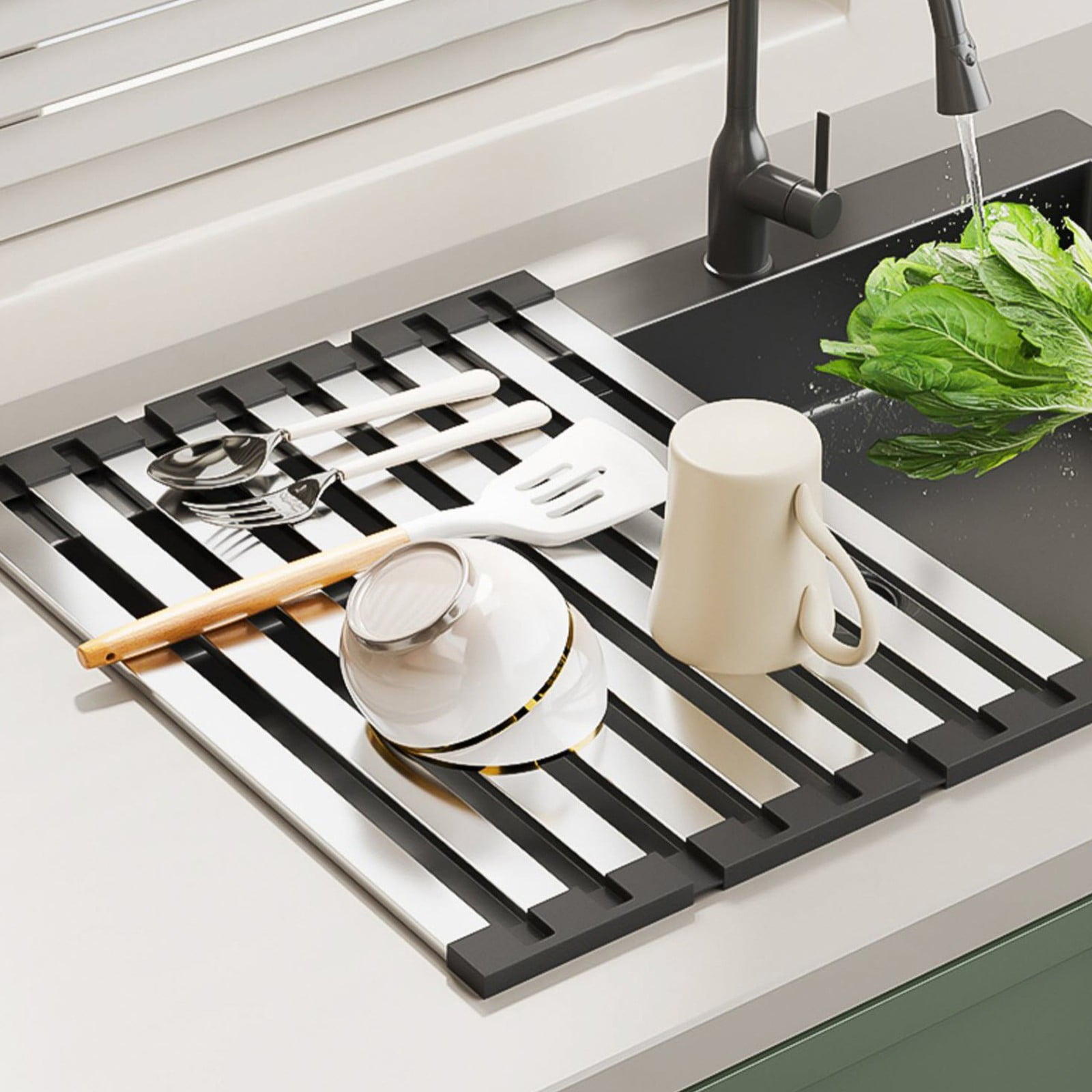 RBCKVXVZ Rectangle Dish Drying Rack, (16" x 13") Foldable Kitchen Accessories, Over The Sink Dish Rack, Non-Slip Sink Counter Storage, Stainless Steel, Gray