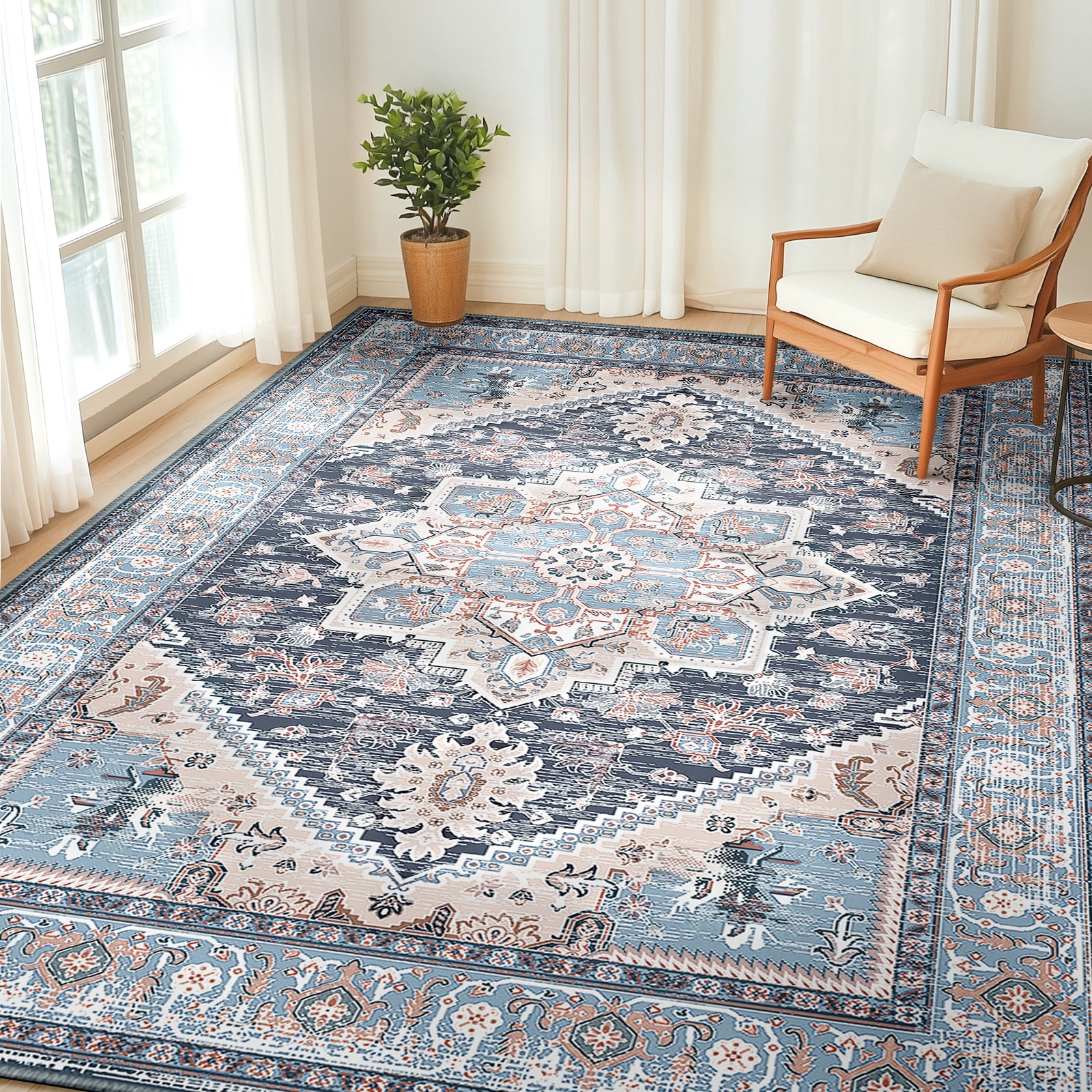 8'x10' Area Rugs, Machine Washable Non Slip Area Rug for Living Room, Soft Low Pile Vintage Print Pattern Indoor Bedroom Thin Carpet, Navy Blue