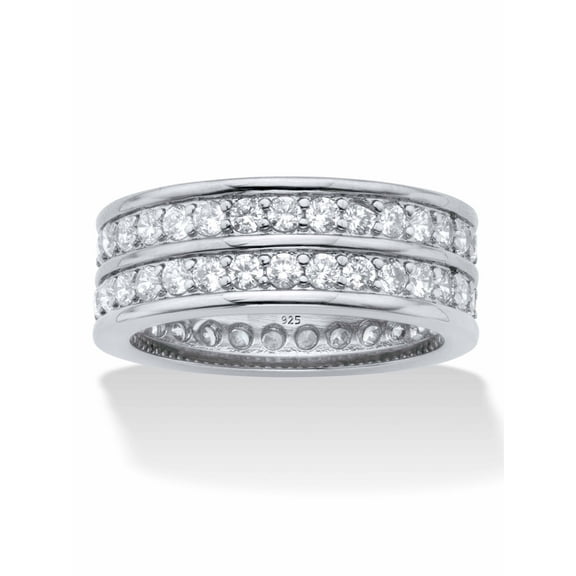 PalmBeach Jewelry Round Cubic Zirconia Double-Row Gender-Neutral Eternity Ring 2.05 TCW, Gold-Plated or Platinum-Plated Sterling Silver
