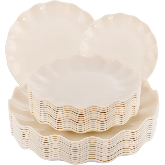 24 Pcs Plastic Plates Reusable,Unbreakable Dinner Plates, Scalloped Plastic Plates, Dishwasher Safe,Ivory Plate Sets Perfect for Parties, Birthday, Picnics, BPA Free(12Guests)