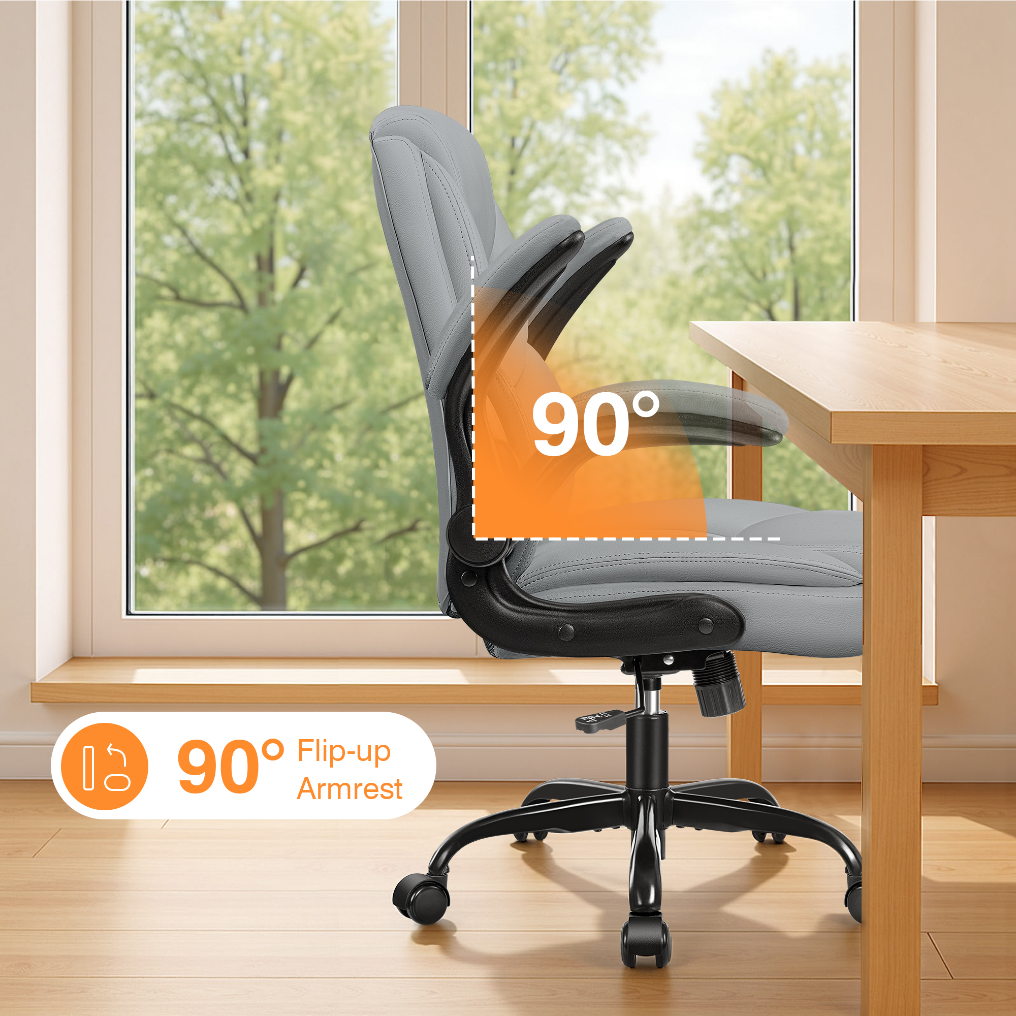 Primy Compact PU Leather Office Chair - Ergonomic Adjustable Height Computer Desk Chair with Flip-Up Armrests, Mid-Back Executive Swivel Chair on Wheels for Small Spaces & Petite Users, Gray