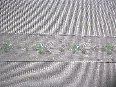 Lily 0.75" White Sheer Organza Lace Trim with Light Green Iridescent Beading