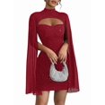 thumbnail image 2 of Women'S Round Neck Ribbed Chiffon Dress with Pearl Detail Cape Style Bodycon Slip Dress Red M, 2 of 6