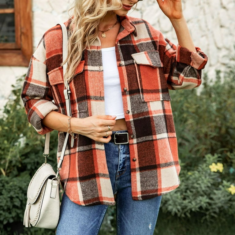 Fashion lapel collar red blue check printed woolen loose long top coat