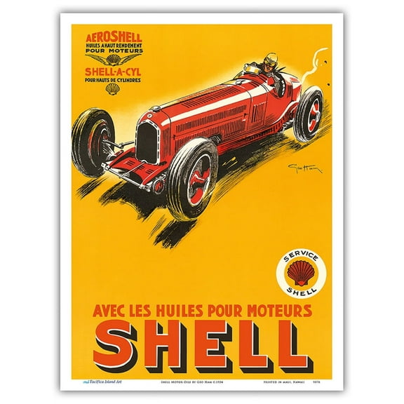 Shell Motor Oils - Racing Cars - Vintage Car Racing Poster by Géo Ham (Georges Hamel) c.1934 - Master Art Print (Unframed) 9in x 12in